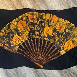 Black & Gold Semi-Sheer Scarf with Asian Fan Print